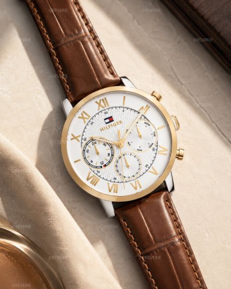 Tommy Hilfiger tvåfärgad herrklocka med dag-datum och brunt läderarmband 42mm