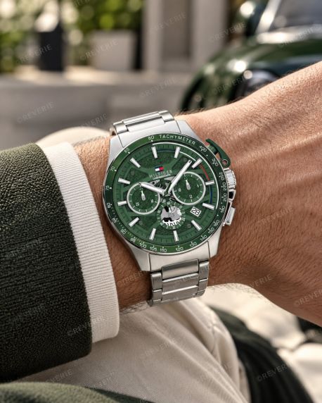 Tommy Hilfiger herrklocka i stål med grön urtavla och kronograf i 44mm