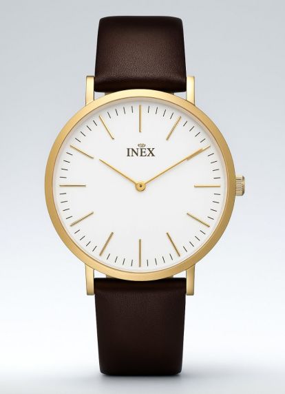 Herrklocka med brunt läderarmband - Inex Mens Gold/White A69464D0I - LQ2