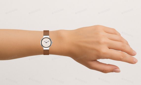 Modernt damur i rostfritt stål med vit urtavla och brunt läderarmband för den stilmedvetna kvinnan | AIW7607