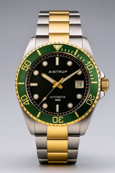 Prestigefylld automatisk dykarklocka med svart urtavla, grön bezel och bi-color armband i elegant stål- och gulddesign | AIW8304