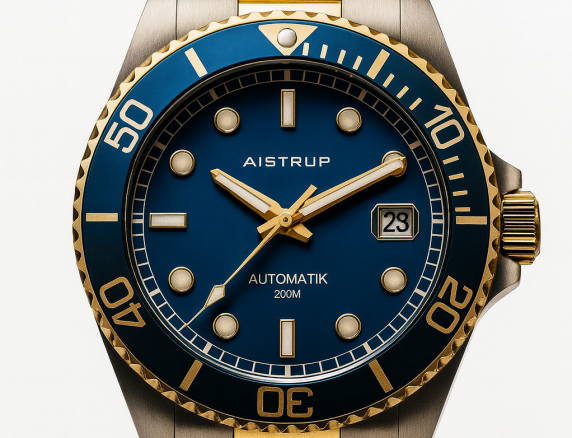 Elegant automatisk dykarklocka med blå urtavla, matchande blå bezel och tvåfärgad stål och guld länk för den kräsna mannen | AIW8305