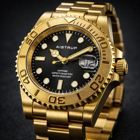 Aistrup lyxig herrklocka med svart urtavla, guldfärgad vridbar ring och guldfärgad stållänk | AIW8803