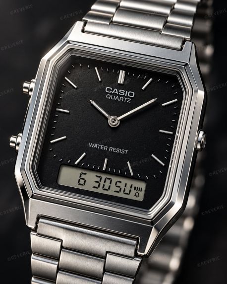 Rektangulär Casio klocka i stål med svart urtavla och dual display i 30mm