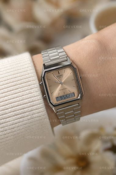 Vintage Casio dubbel display guldton digital-analog klocka med sunray-urtavla