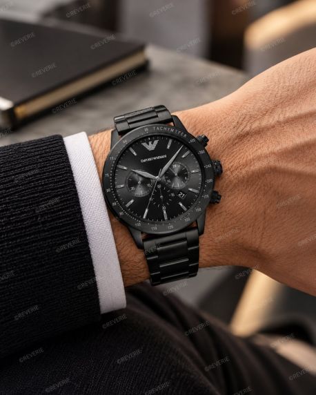 Helsvart Emporio Armani Mario herrklocka i stål med kronograf i 43mm