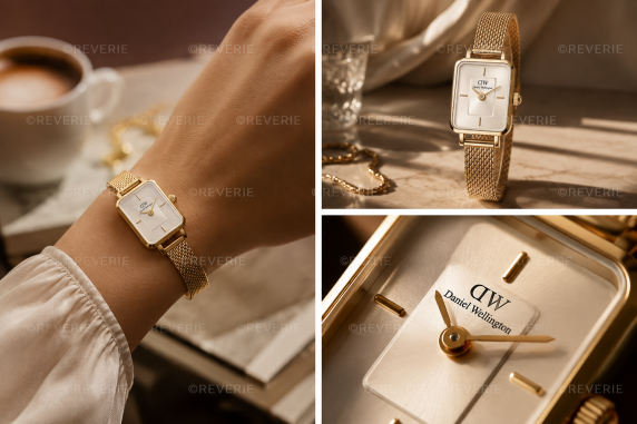 Daniel Wellington guldfärgad rektangulär damklocka med mesharmband 15mm