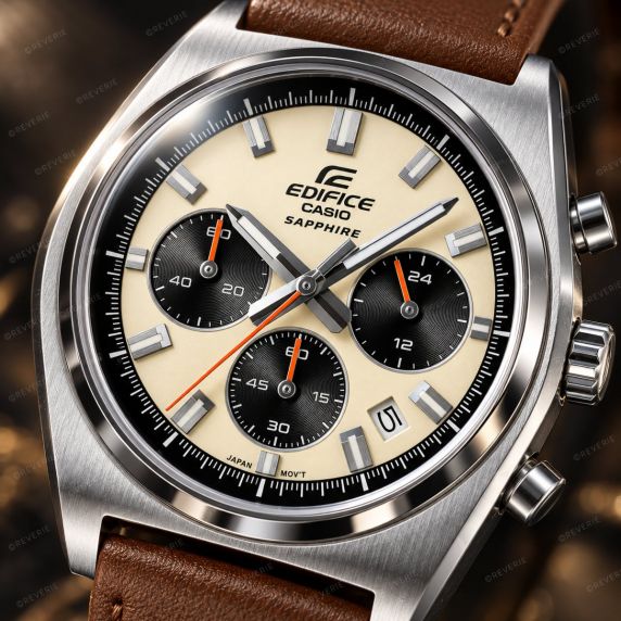 Casio Edifice herrklocka med cremefärgad urtavla, kronograf, safirglas och brunt läderband i 40mm