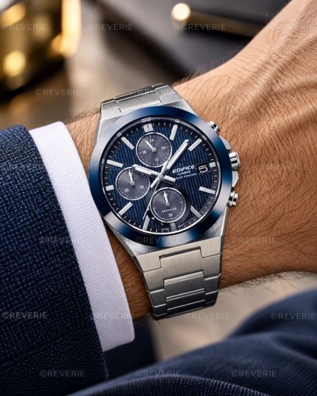 Casio herrklocka i stål med blå urtavla, solenergi och keramisk bezel i 41mm