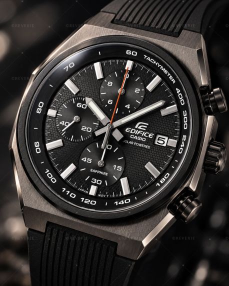 Casio herrklocka i gunmetal med svart urtavla, solenergi, kronograf och safirglas i 38mm