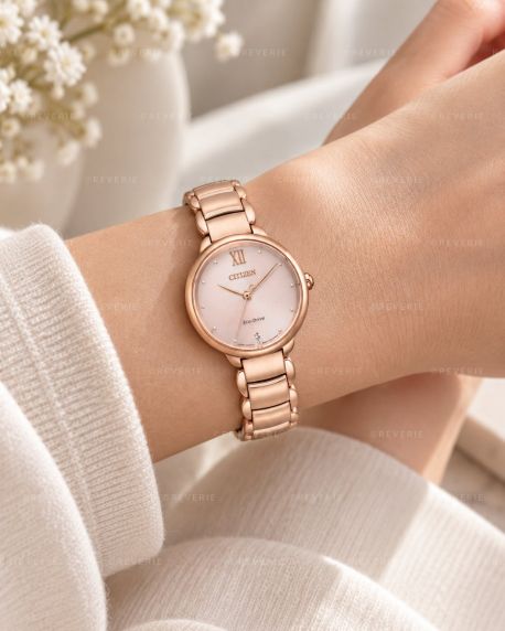 Roséguldfärgad Citizen damklocka med solenergi, safirglas och diamant i 28mm