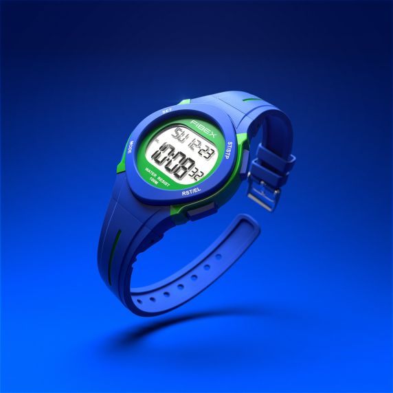 Silikonarmband är skönt, på klocka i blått och grönt - Fibex Dual Time 100M Water Resist FIBEX19EN005