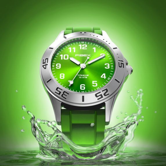 Grön klocka med silikonarmband och silverfärgad titanboett - Fibex Titanium 100M FIBEXTIA06