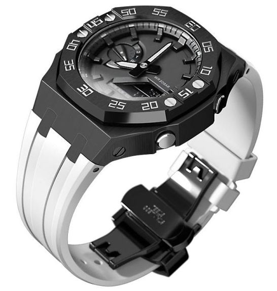 Unofficial Gen 4 Mod for CasiOak GA-2100 - Black Steel Case | Black Steel Bezel With Numbers | White Silicone Strap