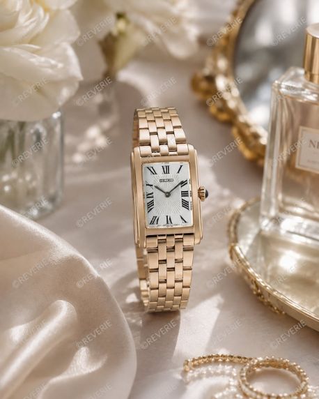 Seiko roséguldfärgad rektangulär damklocka med romerska siffror 22mm