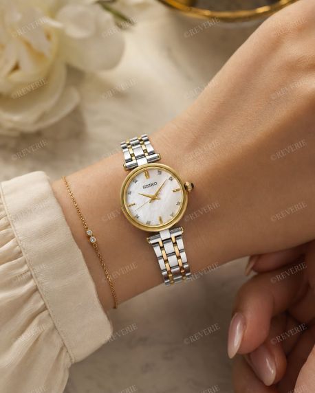 Seiko tvåfärgad damklocka med 8 diamanter, safirglas och pärlemorurtavla 29mm