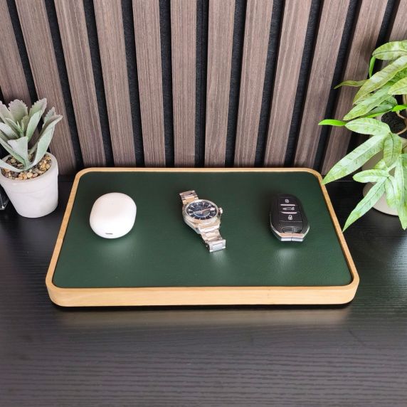 Morelund Tray in Natural Wood/Green Leather MO6203