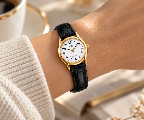Guldfärgad Casio damklocka med vit urtavla och svart läderband i 23mm