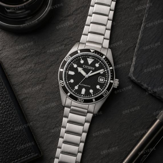 Citizen mekanisk herrklocka i stål med svart urtavla 38mm