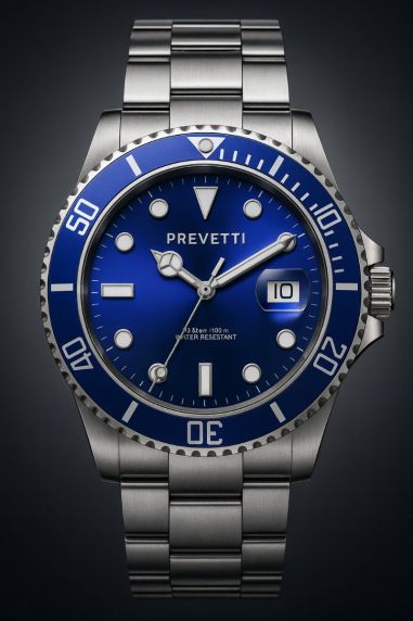 Silverfärgat stål och en blå urtavla - Prevetti ProDiver PR13003