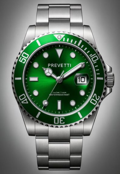 10 bar vattentäthet, grön urtavla och silverfärgat armband - Prevetti ProDiver PR13004