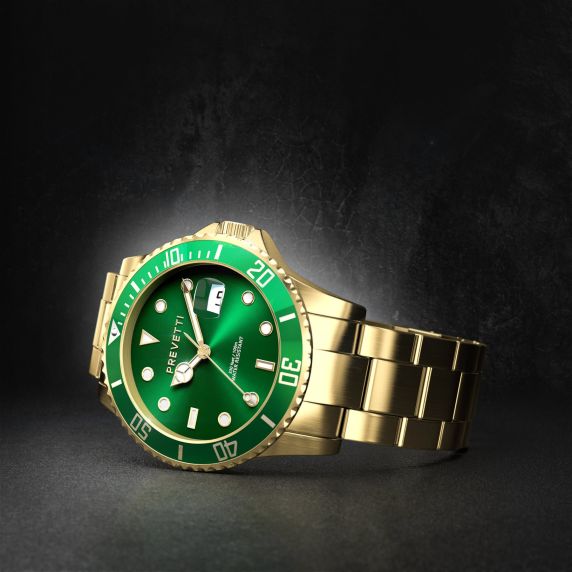 Guldfärgad stålklocka med grön urtavla - Prevetti ProDiver PR13006
