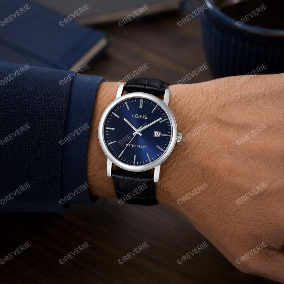 Rund herrklocka med blå urtavla och svart läderrem 37mm