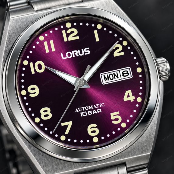Lorus automatisk herrklocka i stål med lila sunray-urtavla och dag/datum 41mm