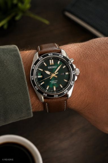 Grön urtavla, brundt läderarmband - Seiko Mens Kinetic Green Dial
