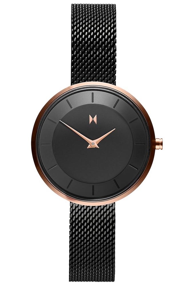 Klocka helt i svart (förutom detaljerna) - MVMT MOD D-FB01-BL - Quartz - Rött guld - Damklocka - Mesh - Härdat mineralglas