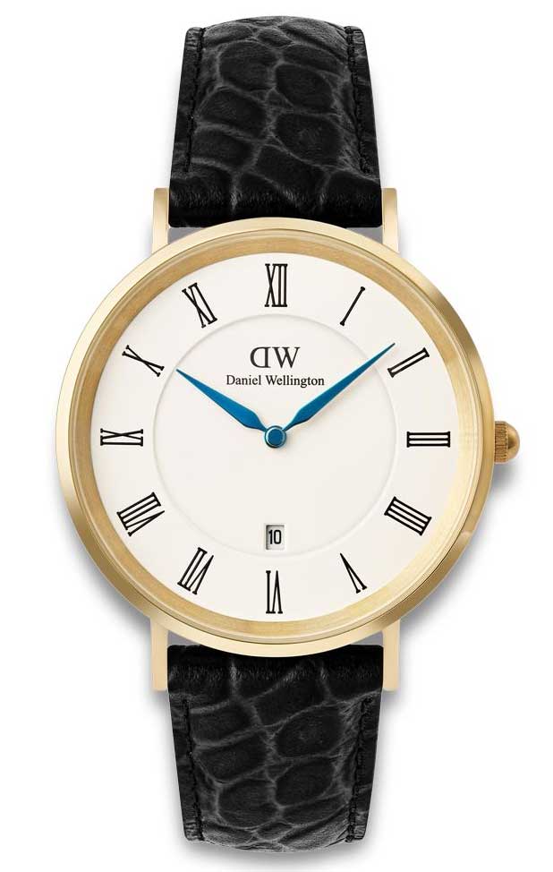 Daniel Wellington Classic Roman Numerals Date Black Croc Belly Gold DW00100915 - Quartz - Guld - Herrklocka - Läder - Härdat mineralglas