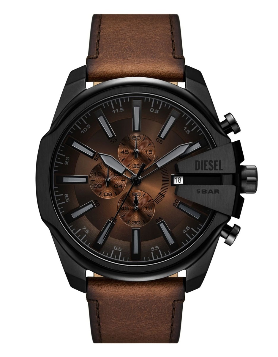 Diesel Mens Orange Brown Leather 48mm - Quartz - Svart - Herrklocka - Läder - Härdat mineralglas