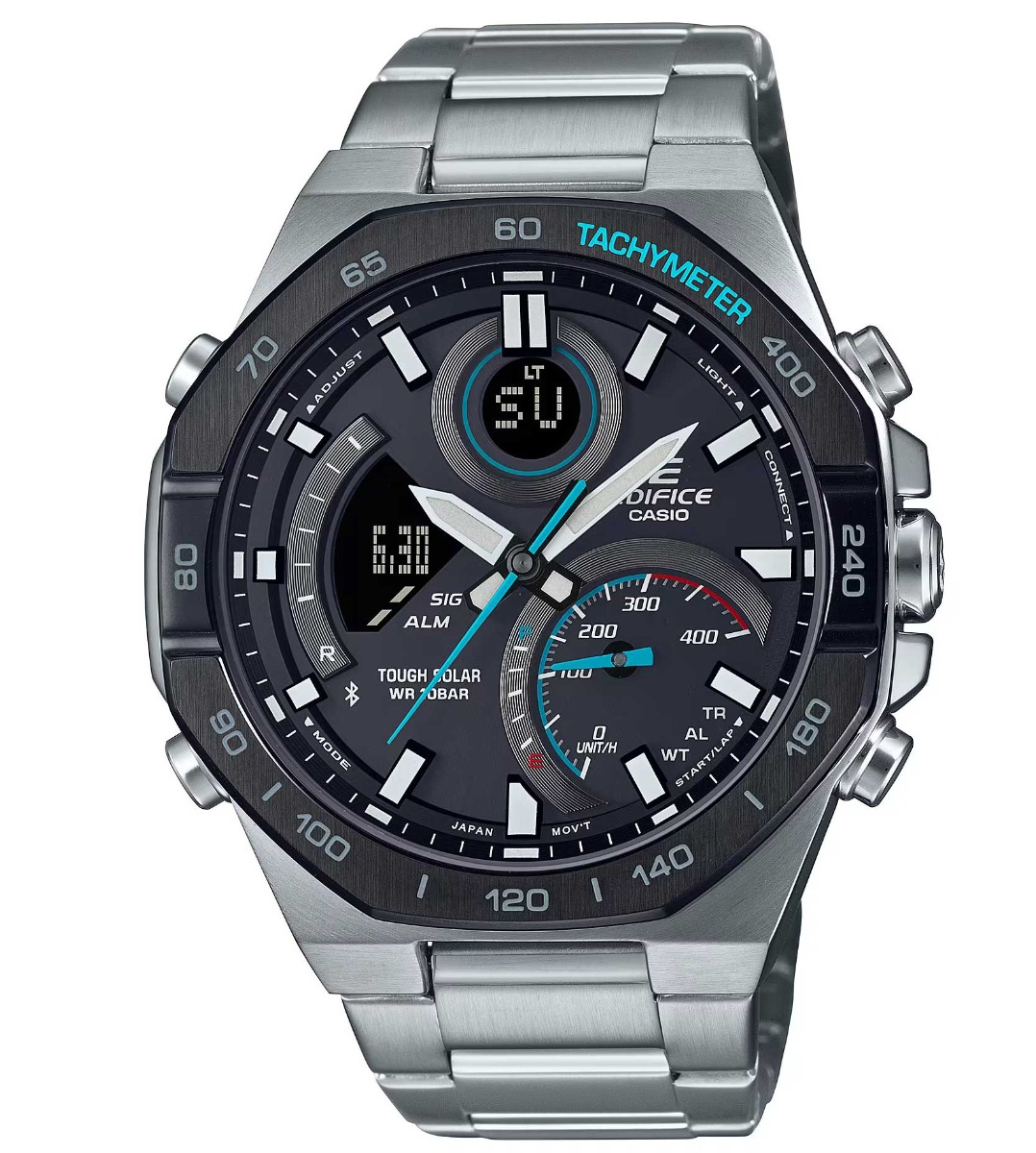 Casio | Edifice Solar Race Timer med Bluetooth och oktagonal stålram | ECB-950DB-1AEF - Analog-digital-mix - Silver - Herrklocka - Rostfri stål - 