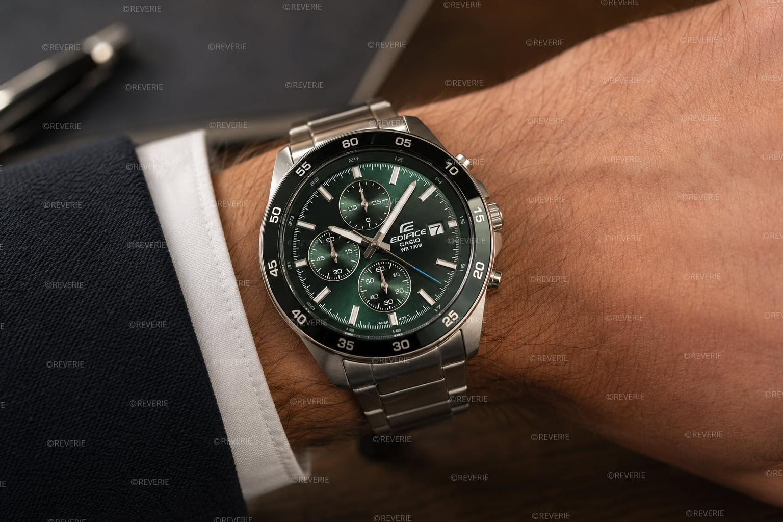 Casio Edifice Green Steel Chronograph 43mm - Quartz - Silver - Herrklocka - Rostfri stål - Härdat mineralglas
