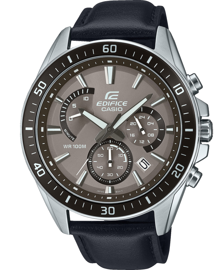 Casio | Brun urtavla Edifice-kronograf med läderband och rostfritt stål | EFR-552L-5AVUEF - Quartz - Silver - Herrklocka - Läder - Härdat mineralglas