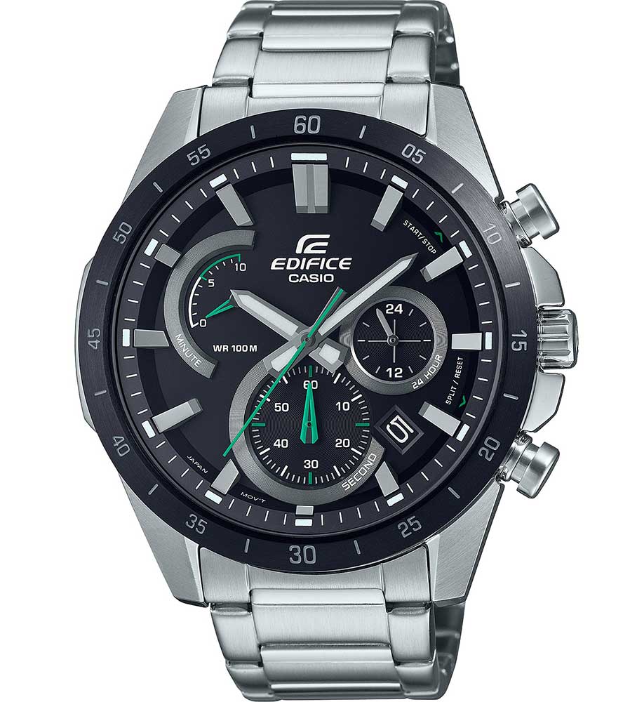 Casio | Grön accent kronograf med svart jonplätering och sportig design | EFR-573DB-1AVUEF - Quartz - Silver - Herrklocka - Rostfri stål - Härdat...