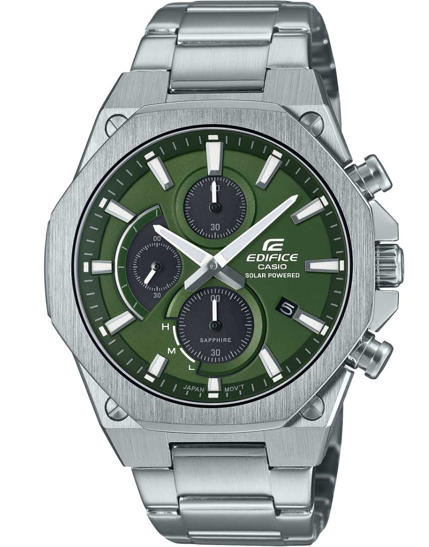 Casio | Grön urtavla tunn Solar Edifice med safirkristall och kronograf | EFS-S570D-3AUEF - Quartz - Silver - Herrklocka - Rostfri stål - Safir