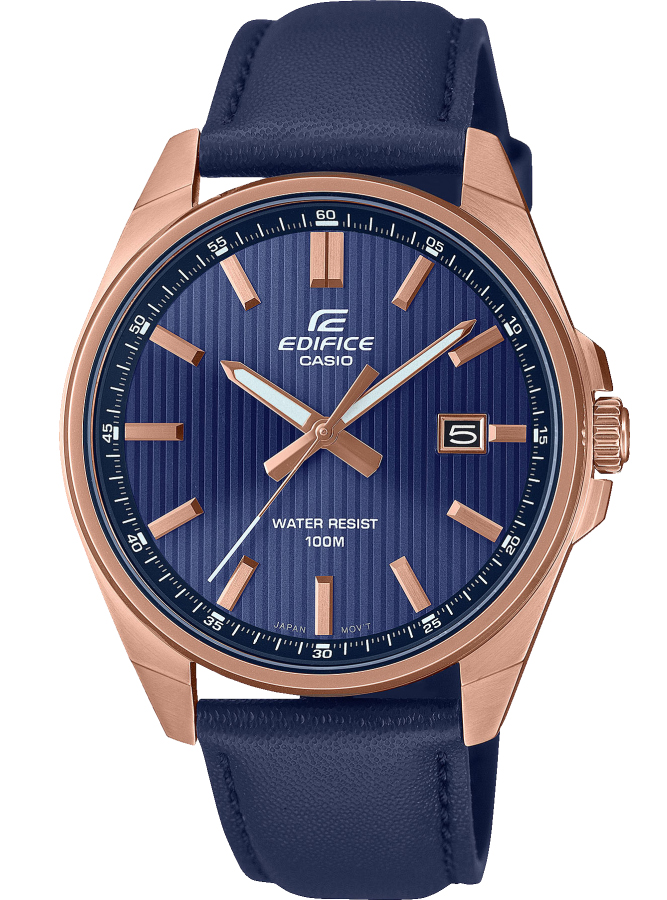 Casio | Blå urtavla Edifice med tufft läderband och ljusande visare | EFV-150CL-2AVUEF - Quartz - Rött guld - Herrklocka - Läder - Härdat mineralglas