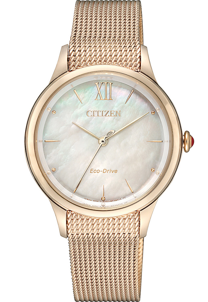 Citizen Eco-Drive damklocka med pärlemorsurtavla och mesharmband | EM0813-86Y - Quartz - Rött guld - Damklocka - Mesh - Härdat mineralglas