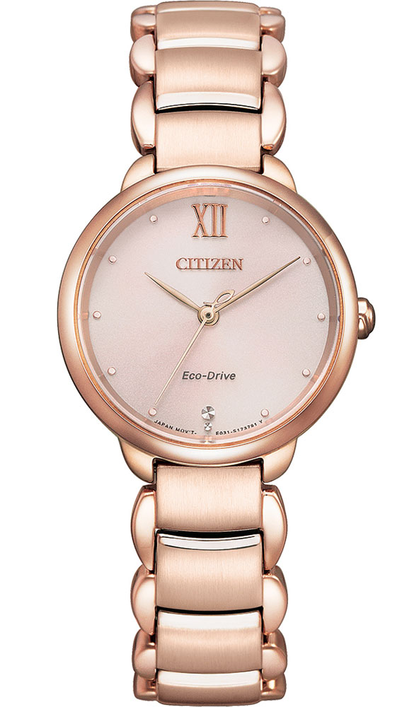 Citizen Eco-Drive damklocka i rosé med diamant, romerska siffror och safirkristall | EM0922-81X - Quartz - Rött guld - Damklocka - Rostfri stål -...