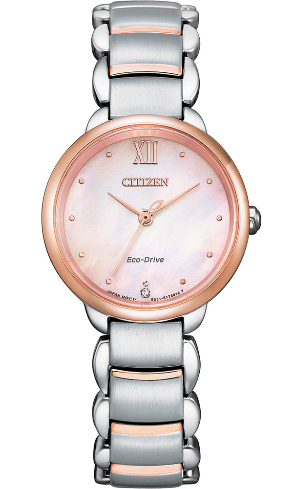 Citizen Eco-Drive damklocka i stål och rosé | Pärlemor urtavla med diamant | EM0924-85Y - Quartz - Silver - Damklocka - Rostfri stål - Safir