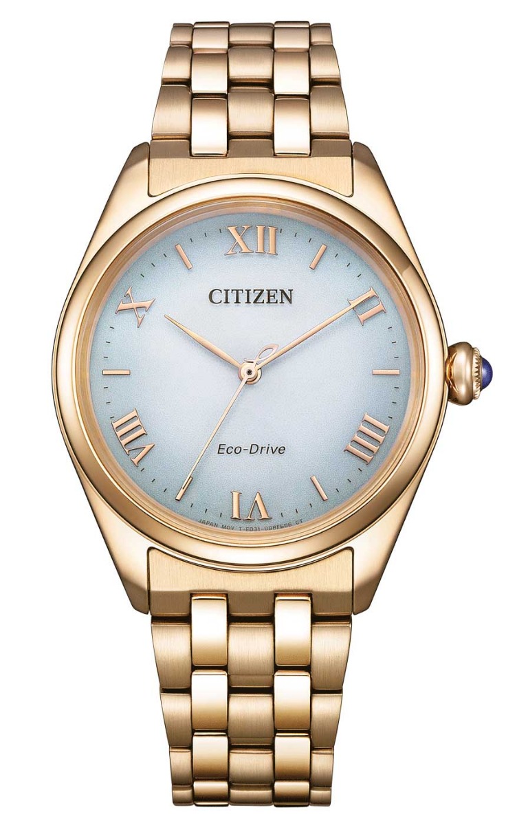 Citizen Eco-Drive damklocka med ljusgrön urtavla och roseguldfärgad stållänk | EM1143-81X - Quartz - Guld - Damklocka - Rostfri stål - Safir
