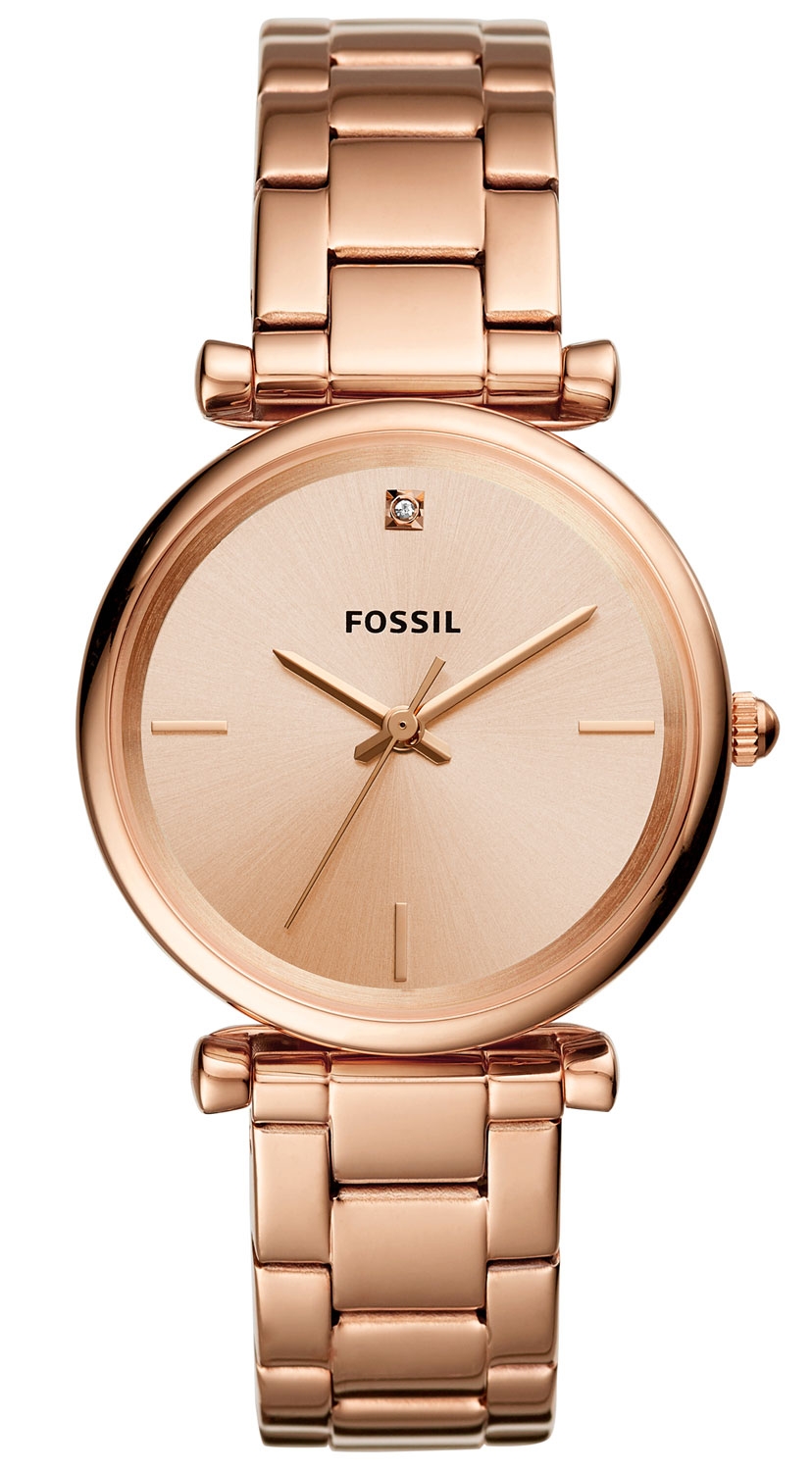 Den här klockan har FOSSIL i svart, och allt annat är i rödguld - Fossil Carlie ES4441 - Quartz - Rött guld - Damklocka - Rostfri stål - Härdat...