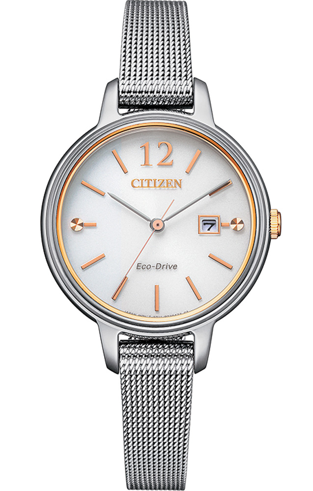 Citizen Eco-Drive damklocka med mesharmband och rosegulddetaljer | EW2449-83A - Quartz - Silver - Damklocka - Mesh - Härdat mineralglas