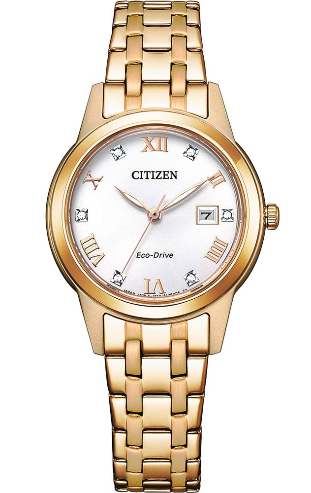 Citizen Eco-Drive damklocka med kristaller och roseguld stållänk | FE1243-83A - Quartz - Guld - Damklocka - Rostfri stål - Härdat mineralglas
