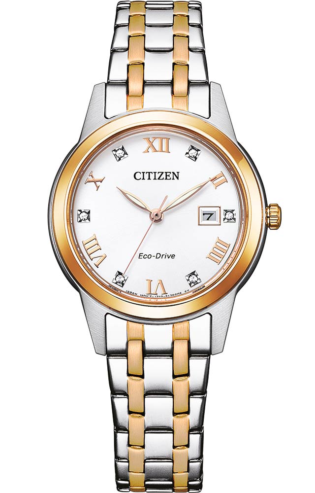 Citizen Eco-Drive damklocka i tvåfärgat stål med kristallindex och solcellsteknologi | FE1246-85A - Quartz - Silver - Damklocka - Rostfri stål -...