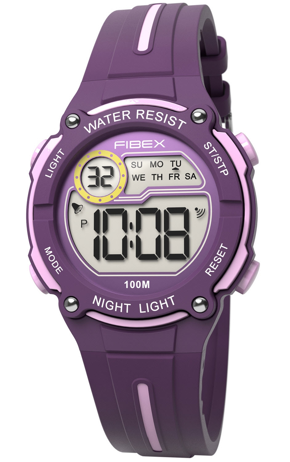 Digital simklocka med stoppur lila | FIBEX76IP005 - Digitalt - Lila Ljusröd - Unisex - Silikon -