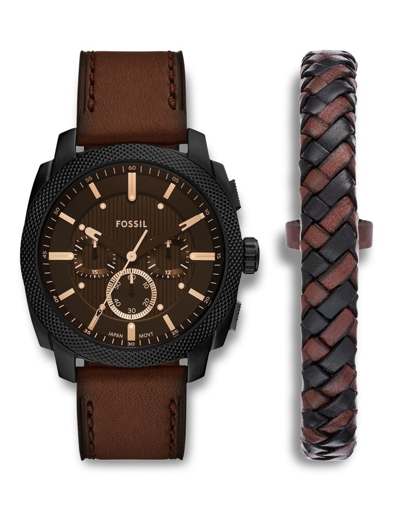 Fossil Machine Chronograph Set FS6102SET - Quartz - Svart - Herrklocka - Läder - Härdat mineralglas