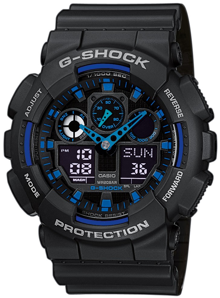 Casio | Blå accent ana-digi sportklocka med G-Shock-teknik | GA-100-1A2ER - Analog-digital-mix - Svart - Herrklocka - Harts - Härdat mineralglas