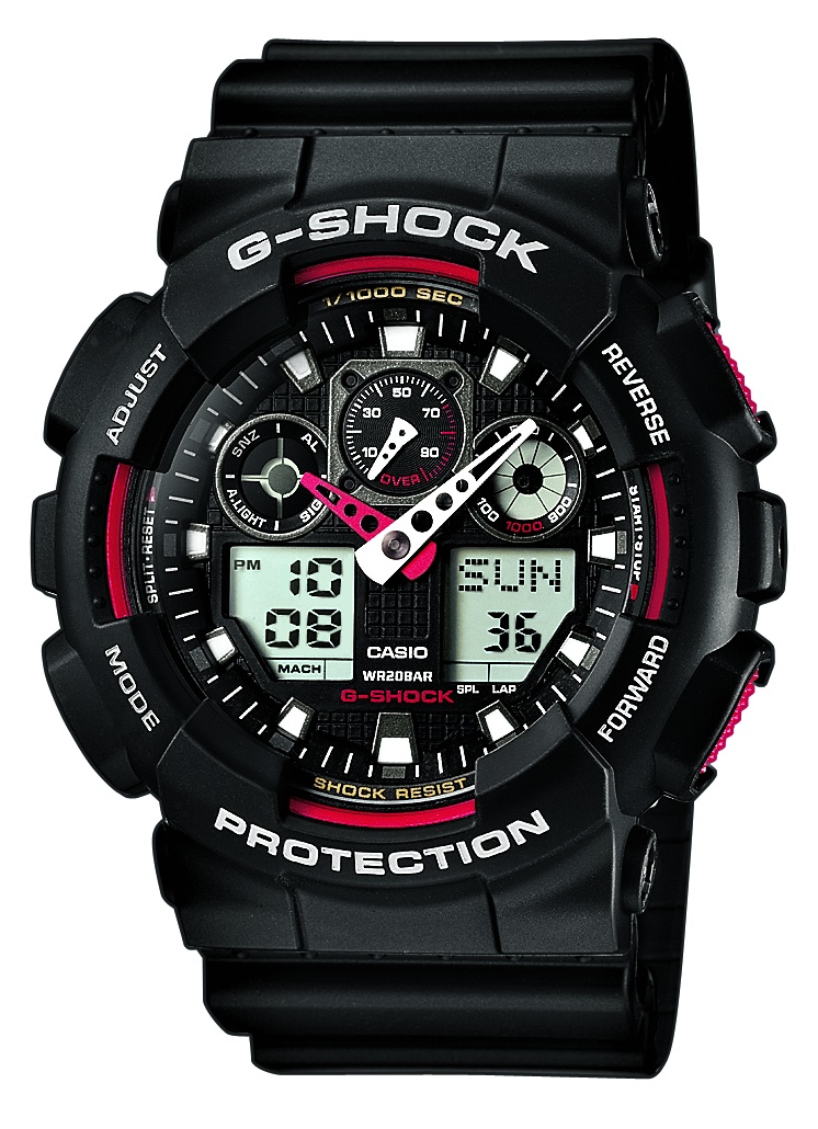 Casio | Svart och röd sportklocka med speed timer | GA-100-1A4ER - Analog-digital-mix - Svart - Herrklocka - Harts - Härdat mineralglas